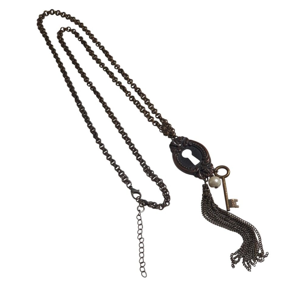 Vintage Keyhole Pendant Necklace Bronze Chain Tassel Pearl Key Charm Mom Gift